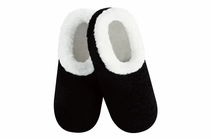 Black teddy sherpa slippers with white lining and non-skid soles by Snoozies