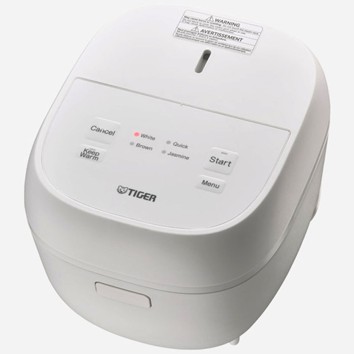 Tiger JBT-B18U white Micom rice cooker with a hinged lid and four rice-menu indicator lights.