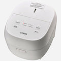 Tiger JBT-B18U white Micom rice cooker with a hinged lid and four rice-menu indicator lights.