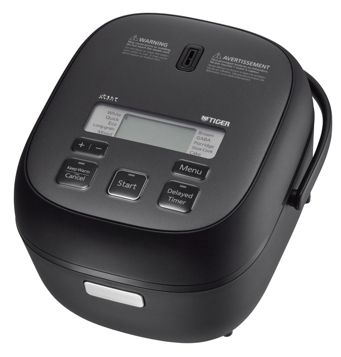 Tiger JBS-A55UKY black compact rice cooker with LCD menu display, English controls, hinged lid and carrying handle.
