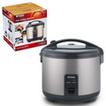 Tiger JNP-S Urban Satin rice cooker with carrying handle, two indicator lights and a carton labelled JNP-S55U, 3 Cups.