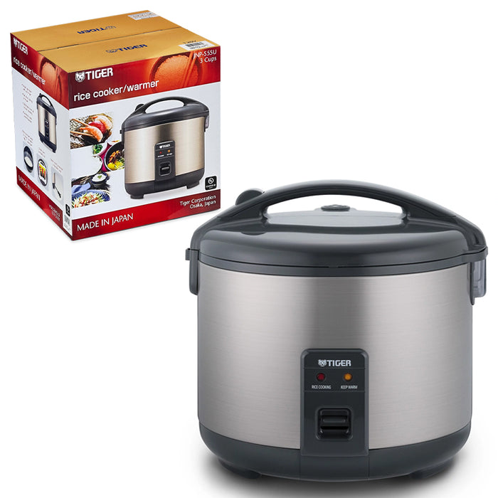 Tiger JNP-S Urban Satin rice cooker with carrying handle, two indicator lights and a carton labelled JNP-S55U, 3 Cups.