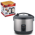 Tiger JNP-S Urban Satin rice cooker with carrying handle, two indicator lights and a carton labelled JNP-S15U, 8 Cups.