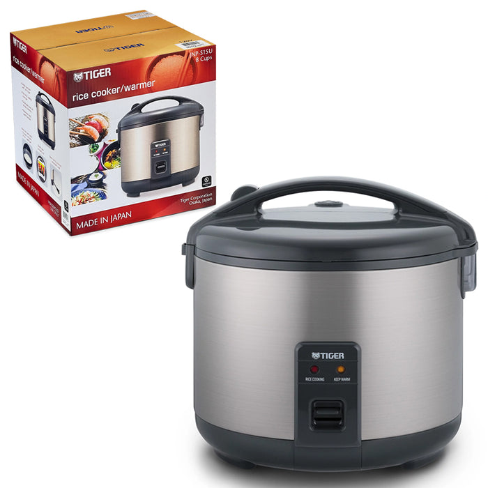 Tiger JNP-S Urban Satin rice cooker with carrying handle, two indicator lights and a carton labelled JNP-S15U, 8 Cups.