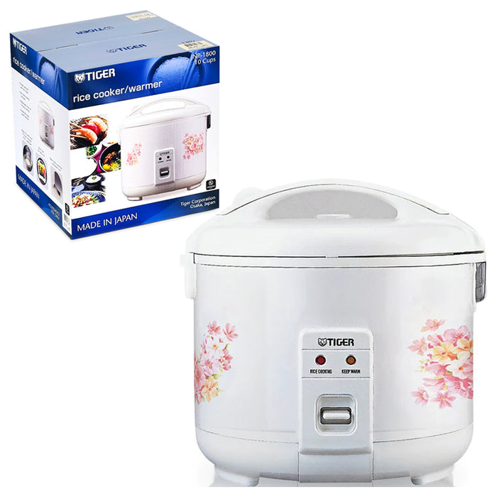 Tiger JNP rice cooker with a white floral body and a carton labelled JNP-1800, 10 Cups.
