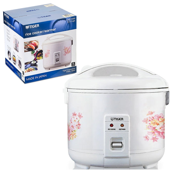 Tiger JNP rice cooker with a white floral body and a carton labelled JNP-1000, 5.5 Cups.