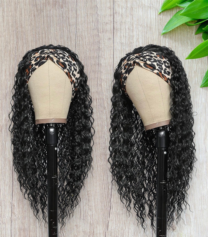 Water Wave Headband Wig 100% Human Hair Wig 180% Density Glueless Natural Black